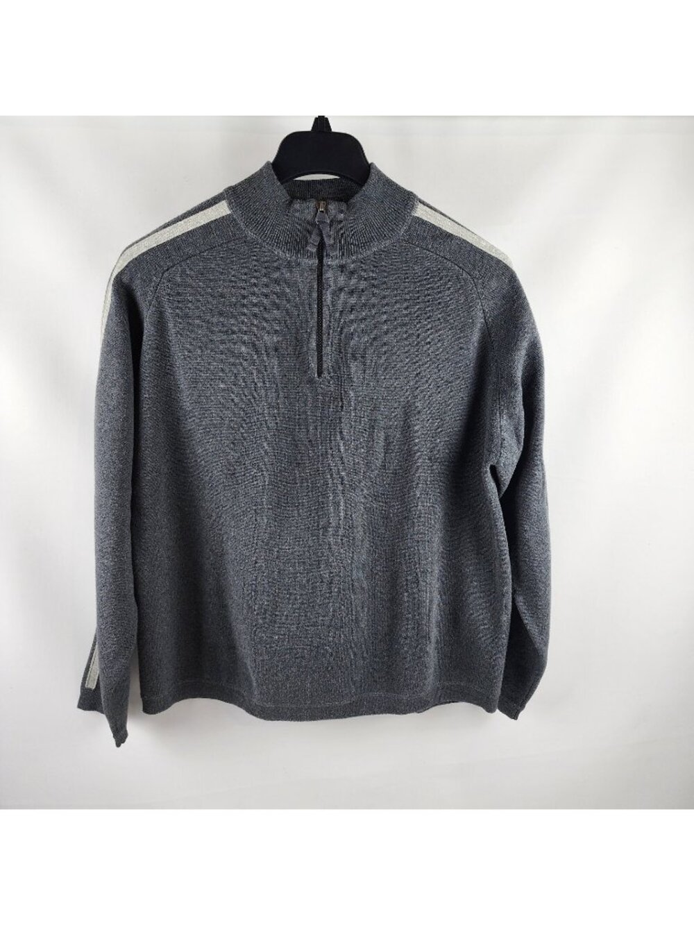 Eddie Bauer Sweater Mens Large 1/4 Zip Pullover 100% Cotton Gray Stripe